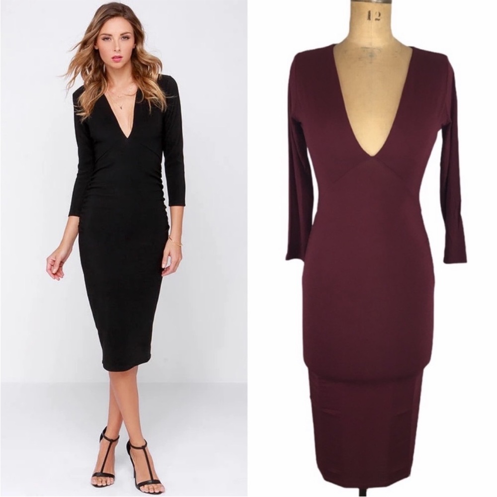 039) Lovers + Friends (Revolve) Burgundy Heartache Fitted Low Cut Midi Dress